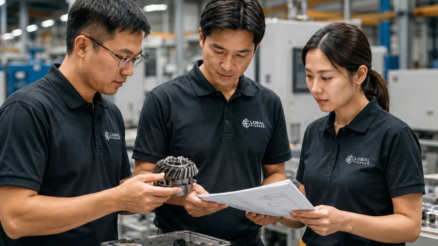 Global Pioneer team reviewing a bevel gear and engineering drawings on a factory floor