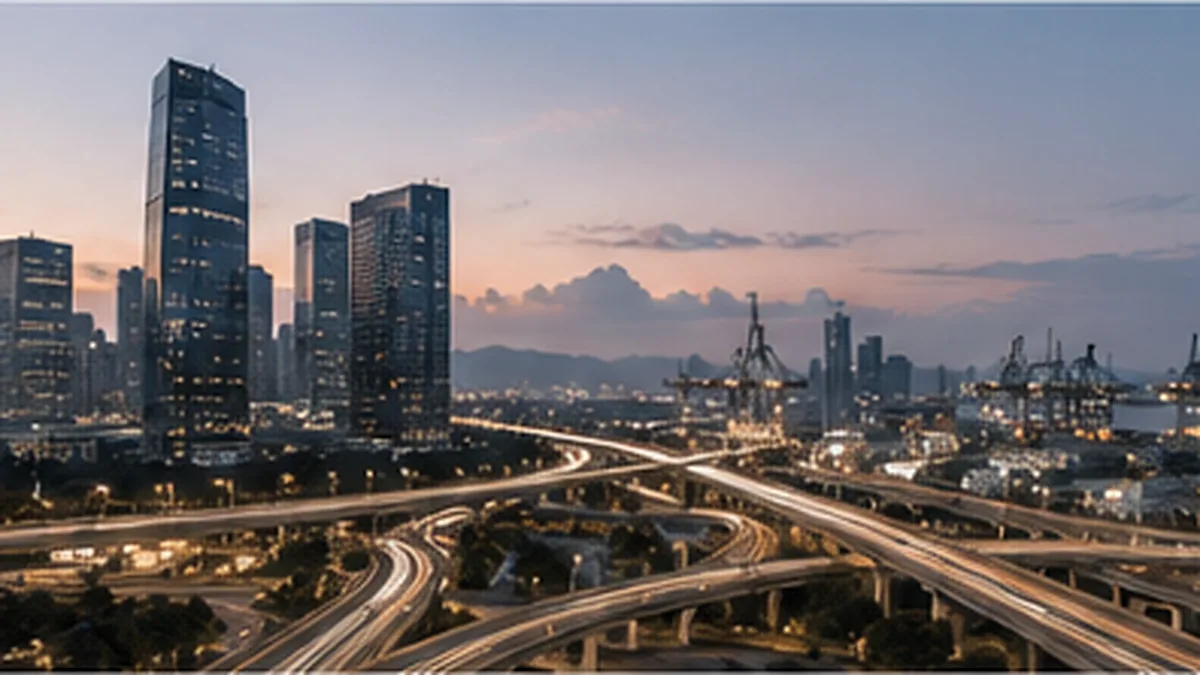 Modern Asian city and industrial infrastructure at dusk