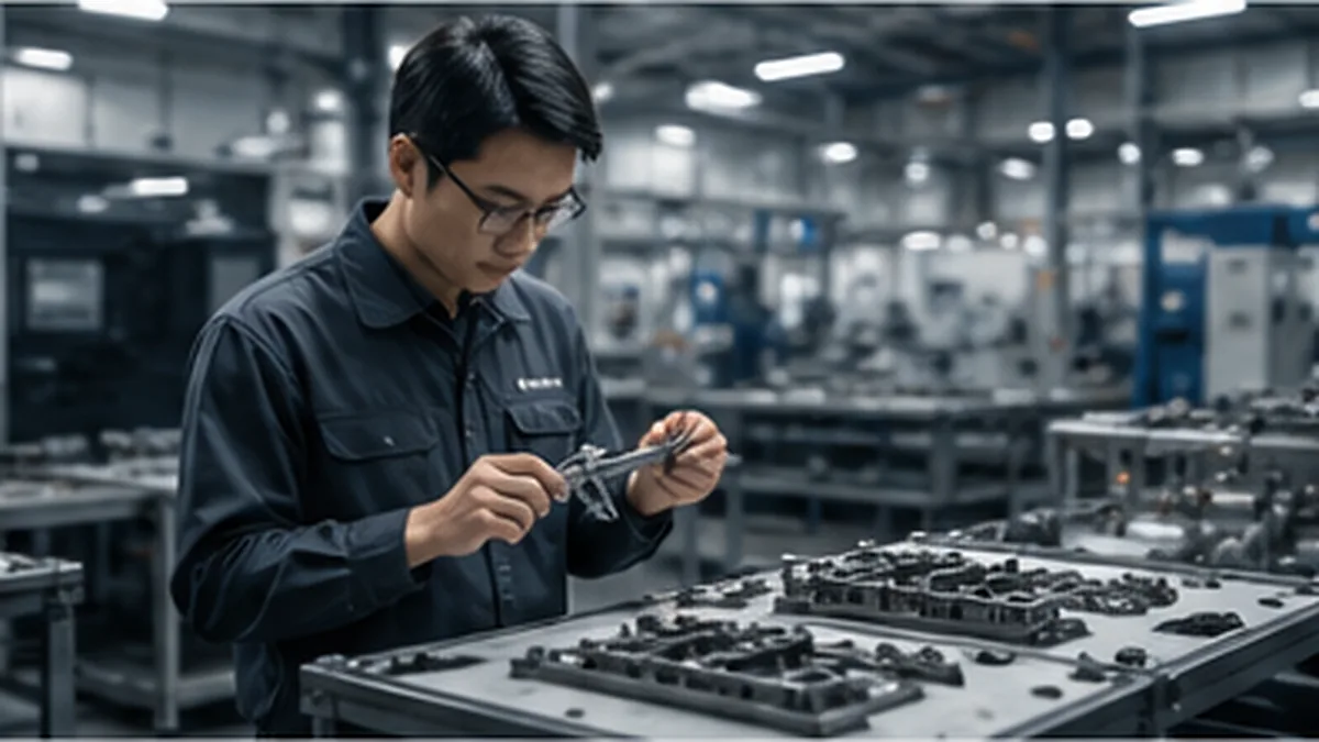 Engineer inspecting an industrial component in a modern Asian factory